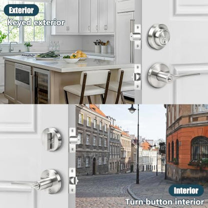 Keyed Alike Front Door Handle and Deadbolt Set, Exterior Door Lock Set with Deadbolt, Heavy Duty Round Door Knob and Deadbolt Lock for Front Doors, Satin Nickel, 1 Pack - size: 1pack-set