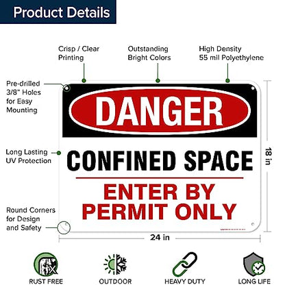 Danger Confined Space Enter By Permit Only Sign, 18x24 Inches, 55 mil thick - size: 18x24 - Polyethylene