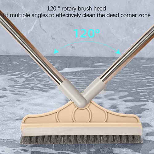 2 in 1 Floor Brush Scrubber with Long Handle Grout Brush 3 Poles 53.5'' New Upgrade Stiff Bristle Cleaning Scrub Brush with Squeegee 120°Rotating Tile Brush for Cleaning Bathroom Glass Patio Kitchen - color: Gray