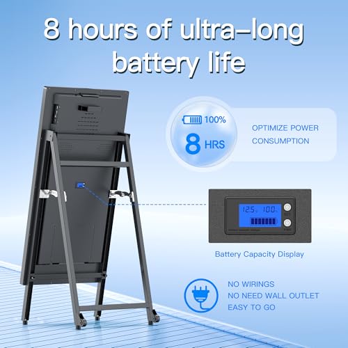 Portable A-Frame Rechargeable Digital Signage Kiosk with LED Message Writing Board, 8H Battery Powered USB Plug & Play Dual Screen, Foldable Advertising Display for Retail Stores, Restaurants