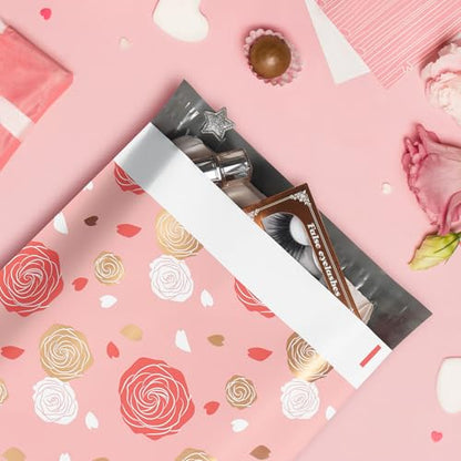 10x13 Inch Poly Mailers, Pink Golden Roses, 100 Pack Self Sealing - color: Pink Gold Roses