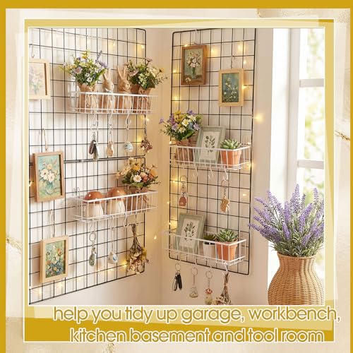 White 4 Pack Wire Baskets, Grid Wall Hanging Baskets, 16 S Hooks - color: White