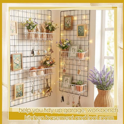 White 4 Pack Wire Baskets, Grid Wall Hanging Baskets, 16 S Hooks - color: White