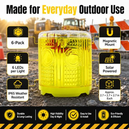 Solar Strobe Warning Lights, 6-Pack Magnetic Base, Auto Night Flashing - color: Yellow-6PCS
