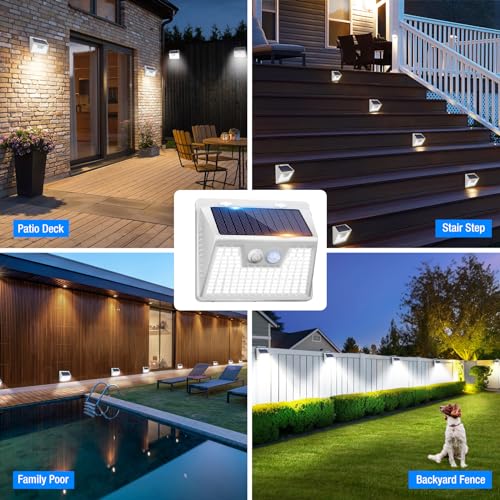 Peasur White Solar Lights Outdoor Waterproof, 6Pack 140LED Solar Powered Motion Sensor Light, 3 Modes Security Wall Lights for Fence Garden Yard Outside - color: White Frame, size: 4 Pack