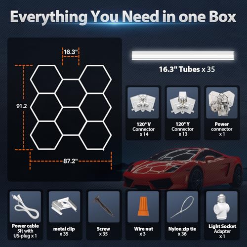 Hexagon Garage Lights: 245W 35 Pack 8 Grids LED Garage Lights - Easy Install 6500K Super Bright Honeycomb Light for Warehouse, Car Detailing Shop, Exhibition Hall, Gym - size: 8 HEX