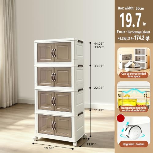 174.2QT Foldable Stackable Storage Bins with Magnetic Doors & Lockable Wheels, 4 Pack Large Plastic Closet Organizer, Tool-Free Storage Box for Bedroom Kitchen Bathroom Dorm Office Garage - size: 4PACK-19.68"W11.81"D44.09"H