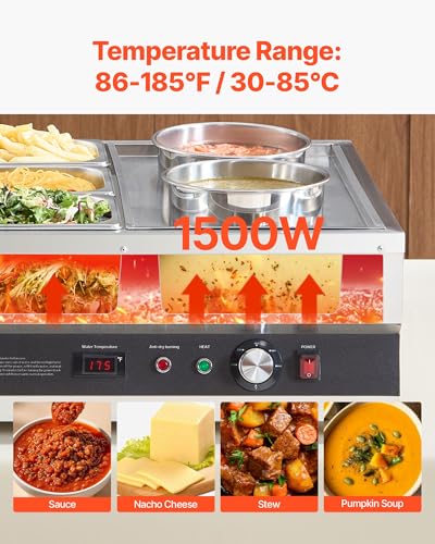 VEVOR Electric Soup Warmer, Two 6.34QT Pots & Three 1/3 Pans, Stainless Steel Commercial Food Warmer with 86~185°F Adjustable Temp, 1500W Bain Marie, Soup Station for Restaurant, Buffet - size: 2×6L Pots and 3×1/3 Pans