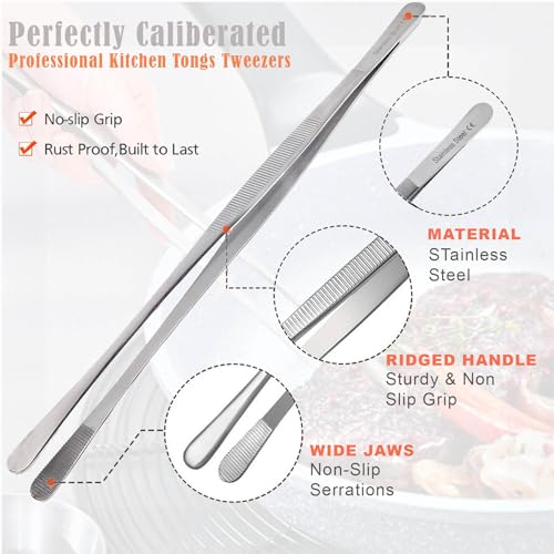 Professional Culinary Stainless Steel Precision Tongs With Serrated Tips - Plating/Food Presentation Detailing Serving - Chef's Kitchen Tweezer - Ultra Non-Slip Grip (12" Wide Jaws) - size: 12" Wide Jaws