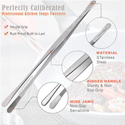 Professional Culinary Stainless Steel Precision Tongs With Serrated Tips - Plating/Food Presentation Detailing Serving - Chef's Kitchen Tweezer - Ultra Non-Slip Grip (12" Wide Jaws) - size: 12" Wide Jaws