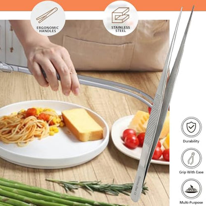Professional Culinary Stainless Steel Precision Tongs with Serrated Tips, Plating/Food Presentation Detailing Serving Tongs, Chef's Kitchen Tweezer Tongs - Ultra Non-Slip Grip (8" STR Slim) - size: 8" Straight Slim