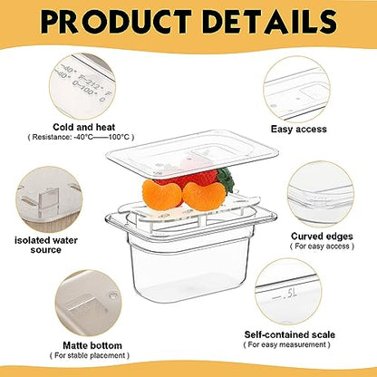 Sunnyray 6 Set Plastic Food Pans, 1/9 Size Square Containers, 4 Inch Deep