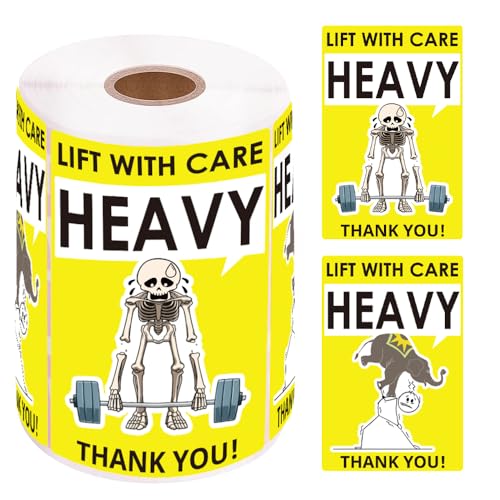 3x2 Inch Heavy Lift with Care Stickers, Strong Adhesive Labels for Shipping, Funny Skeleton & Elephant Design, Warning: Handle with Care, Thank You Labels for Moving and Handling - style: Heavy Caution