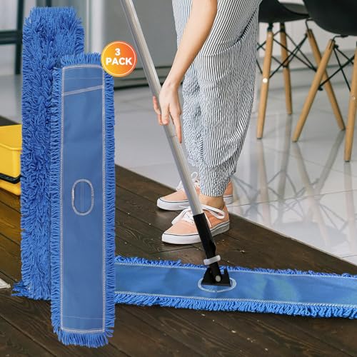 Commercial 48 Inch Dust Mop Head: Replacement Heavy-Duty Sweeper and Janitorial Industrial Dust Mop Head for Floor Cleaning, Office, School, Restaurant, Hospital (3 Pack - Blue) - color: Blue - 48 Inch - 3pack