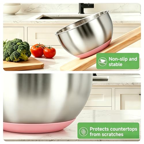 Stainless Steel Mixing Bowls with Clear Airtight Lids, Set of 3 - color: Pink