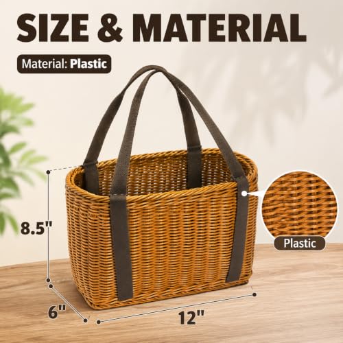 Plastic Wicker Shopping Basket with Handle, 12" x 8.5" x 6" Hand-Woven Picnic Basket, Open Top Market Harvest Basket for Food Storage, Kitchen Organization, Home Decor, Camping, Easter Eggs