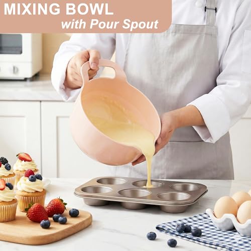 BoxedHome Nesting Plastic Mixing Bowl Set with Pour Spouts and Handles - Non Slip Bottom, BPA free Microwave & Dishwasher Safe(Khaki Pink, 4 Pack) - color: Khaki Pink