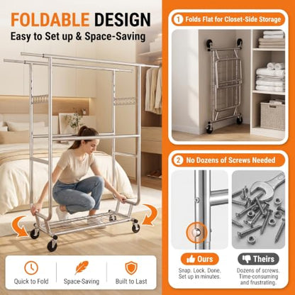 Heavy Duty Clothes Rack with Wheels, Garment Rack Load 660 LBS, Rolling Clothes Rack for Hanging Clothes, Height Adjustable& Scalable& Foldable, for home or commercial, 75"x 22"x 73", Silver - color: 4 Rods& Silver