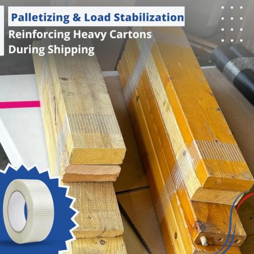 Filament Tape Bi-Directional Cross Weave, Fiberglass Reinforced Strapping Tape, Heavy Duty Industrial Packing & Palletizing, Strong Adhesive Shipping Tape 2" x 60 Yards - 3 Rolls