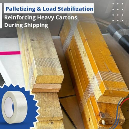 Filament Tape Bi-Directional Cross Weave, Fiberglass Reinforced Strapping Tape, Heavy Duty Industrial Packing & Palletizing, Strong Adhesive Shipping Tape 2" x 60 Yards - 3 Rolls