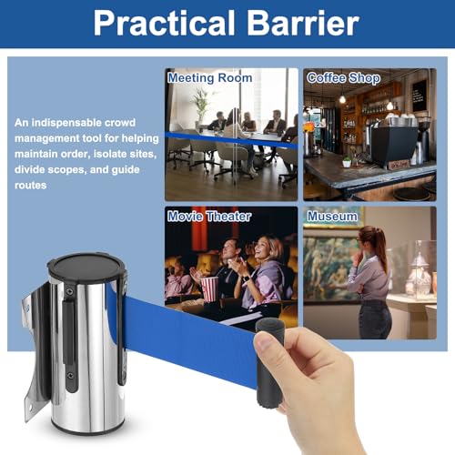 MECCANIXITY Wall Mount Retractable Belt Barrier 6.56ft Crowd Control Belts - color: Silver/Blue, size: 6.56 ft