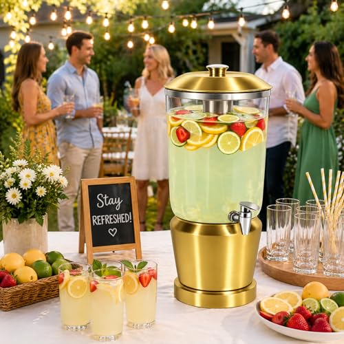 Drink Dispenser with Ice Chambers, Lemonade Tea Water Dispenser with Spigot, Stainless Steel Beverage Jar Jug, Perfect for Home Parties, Weddings, Gifts & Events (Gold, 3, Gallons) - color: Gold