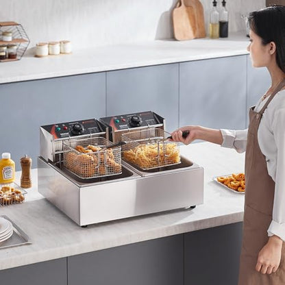 VEVOR Commercial Deep Fryer, Dual Tank 3000W Electric Countertop Fryer with Basket, 2 x 9.1Qt/8.6L Double Stainless Steel Oil Fryer, with Temp Control & Overheat Protection, for Kitchen Restaurant Use - size: Double Fryer, style: Deep Fryer
