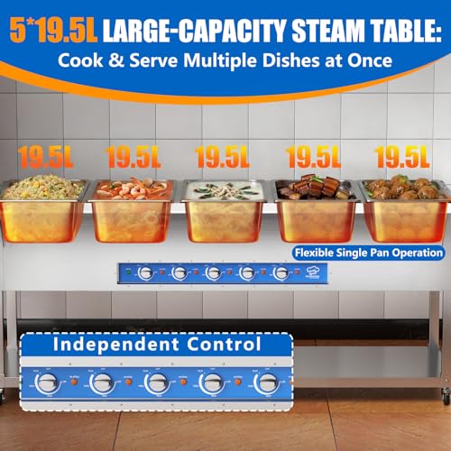 TOPKITCH Commercial Electric Food Warmer Station - 5 Independent 19.5L Pans with Individual German EGO Energy Regulator,5×750W Power, 220V Steam Table for Restaurant, Catering, Party - size: TC-5P
