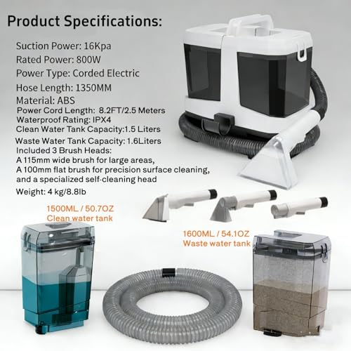 Foandbevi Carpet & Upholstery Cleaner Machine, 16KPa Spot Shampooer for Pet