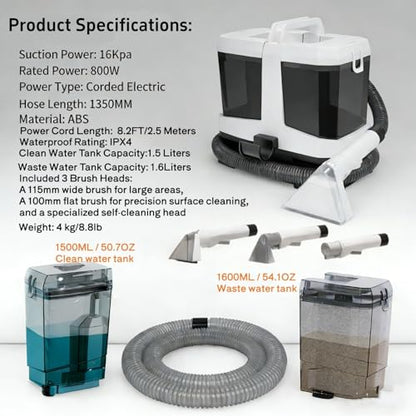 Foandbevi Carpet & Upholstery Cleaner Machine, 16KPa Spot Shampooer for Pet