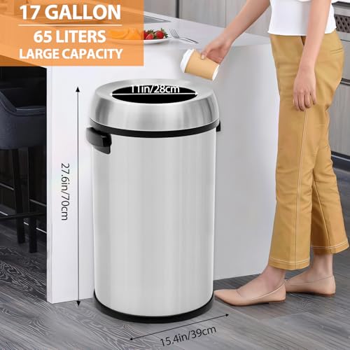 GarveeHome 17 gal/65 L Open Top Trash Can, Stainless Steel Rubbish Bin, Commercial Grade Waste Container, Round Garbage Can for Outdoor, Home Office, Restaurant, Silver - color: Silver, Open Top