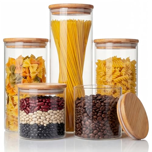 Round Glass Storage Containers with Bamboo Lids for Pasta & Flour, 5 Pack - color: MultiSize 5 Pack
