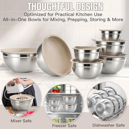 Stainless Steel Mixing Bowls with Lids, 7-Piece Nesting Bowl Set, 0.6–5.5 QT, Includes 14 Measuring Spoons for Baking, Cooking and Meal Prep, Khaki - size: 7+14 - Bowls & Spoons