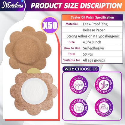 Castor Oil Pack Wrap Patch - Organic Cotton Castor Oil Belly Button Pad, Disposable Self-Adhesive Abdominal Pads, Portable Anti Leakage High Absorbent Patch for Multi-Area Use 50 Pcs - size: 1 Count (Pack of 50)