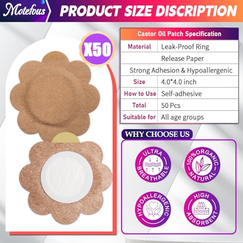 Castor Oil Pack Wrap Patch - Organic Cotton Castor Oil Belly Button Pad, Disposable Self-Adhesive Abdominal Pads, Portable Anti Leakage High Absorbent Patch for Multi-Area Use 50 Pcs - size: 1 Count (Pack of 50)