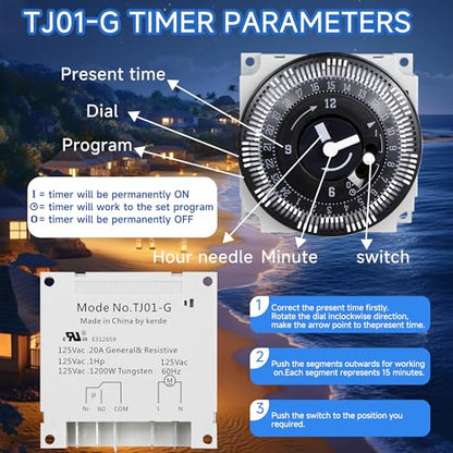 KERDE TJ01-G 24-Hour Timer, 120V 20-Amp Manual Override, 15-Minute Interval Switch, Indoor/Outdoor Appliance Timer for Lights, Fans, Pumps, DIY Electrical Projects