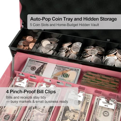 Cash Box with Key Lock – 0.7mm Steel Cash Drawer with Money Bag & Auto-Pop Coin Tray, 4 Upgraded Finger-Safe Bill Clips, Portable Register for Vendors, Business & Home, 11.8" x 9.5" x 3.5", Soft Pink - color: Soft Pink