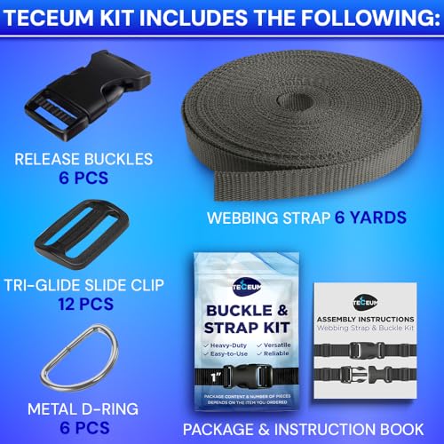 TECEUM 1" Nylon Strap Kit with Buckles, Charcoal 6 yards Repair Set - color: Charcoal, size: 1" - 6 yards, style: 6 Buckle - 12 Slides - 6 D-rind