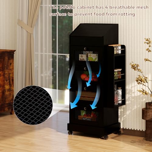 ARTETHYS Potato Storage Bin 5-Tier Rolling Black Bread Box with Side Rack - color: Black