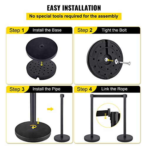 6PCS Stanchion Queue Post, Black 6.5ft Retractable Belt 36In Height, Stanchion Posts Queue Pole for Crowd Control Barriers