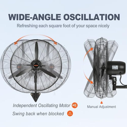 VEVOR 24 Inch 3-Speed 7000 CFM Black Waterproof Wall Mount Oscillating Fan - size: 24 Inch, style: Waterproof