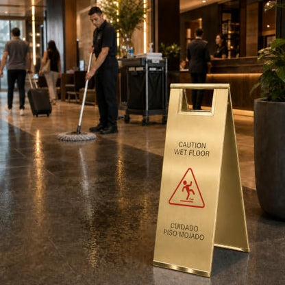 2 Pcs 24 Inch Stainless Steel Wet Floor Caution Sign Gold Bilingual - color: Gold