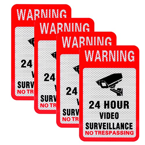 Kichwit 4 Pack Video Surveillance Sign Reflective Sticker Decal Self Adhesive, 9.5" x 6", UV Protected & Waterproof, Indoor & Outdoor Use - size: L
