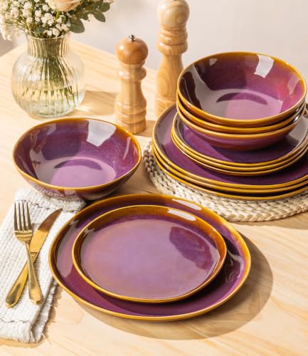 TheTerra Ceramic Dinnerware Set for 4, 12-Piece Plates and Bowls Set - color: Amber Amethyst