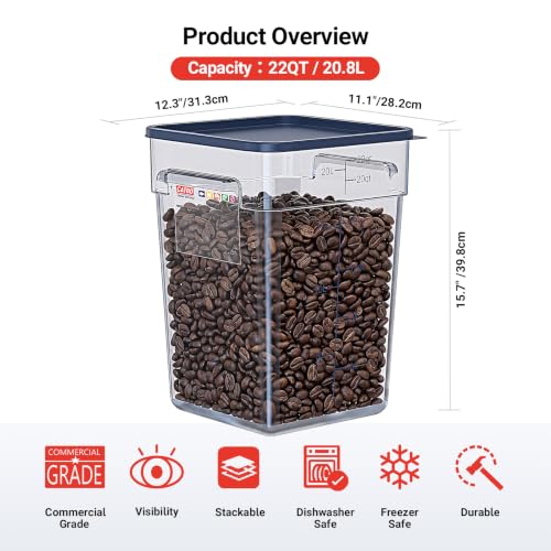 2 Pack 22 QT Commercial Food Storage Containers with Lids, Clear Large Square Containers with Handles for Flour, Rice, Pet Food and Commercial Bulk Storage - size: 2 X 22.0(QT)