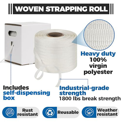 Heavy Duty Woven Cord Flat Rope - 1000ft x ½” Roll - Banding & Pallet Strapping Kit - Includes Virgin Polyester Strapping Roll & Self-Dispensing Box