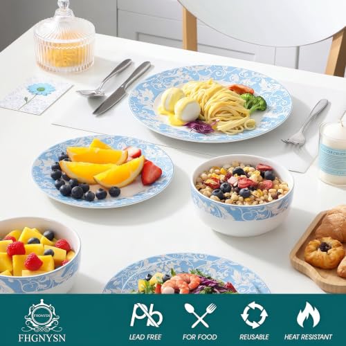 Bone China Dinnerware Set for 4, 12 Pcs White Plates and Bowls, Blue Rim - color: Light Blue
