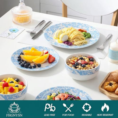 Bone China Dinnerware Set for 4, 12 Pcs White Plates and Bowls, Blue Rim - color: Light Blue