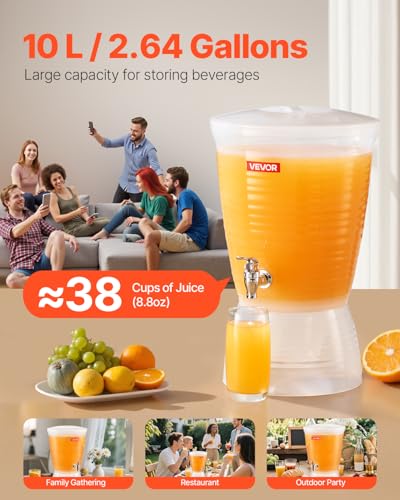 VEVOR Beverage Dispenser, 2.64 Gallon Drink Dispenser for Parties, Plastic Juice Dispensers with Spigot Ice Chamber, Iced Tea Lemonade Juice Water Dispensers, for Restaurants, Hotels, Parties