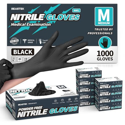 BEASTEK Black Nitrile Disposable Gloves, 4.0 Soft+™ Powder-Free 100 &1000CT - color: 1000 Black (Medium)
